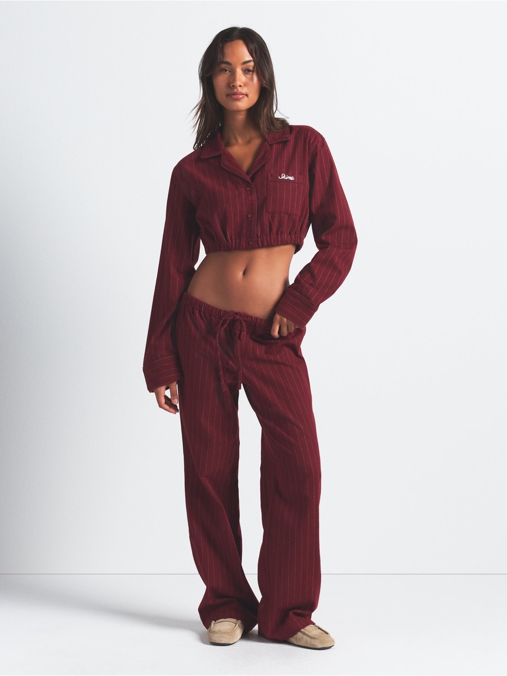 Skims Heavy Flannel Cropped Top Pant Set Merlot burgundy stripe wide leg small